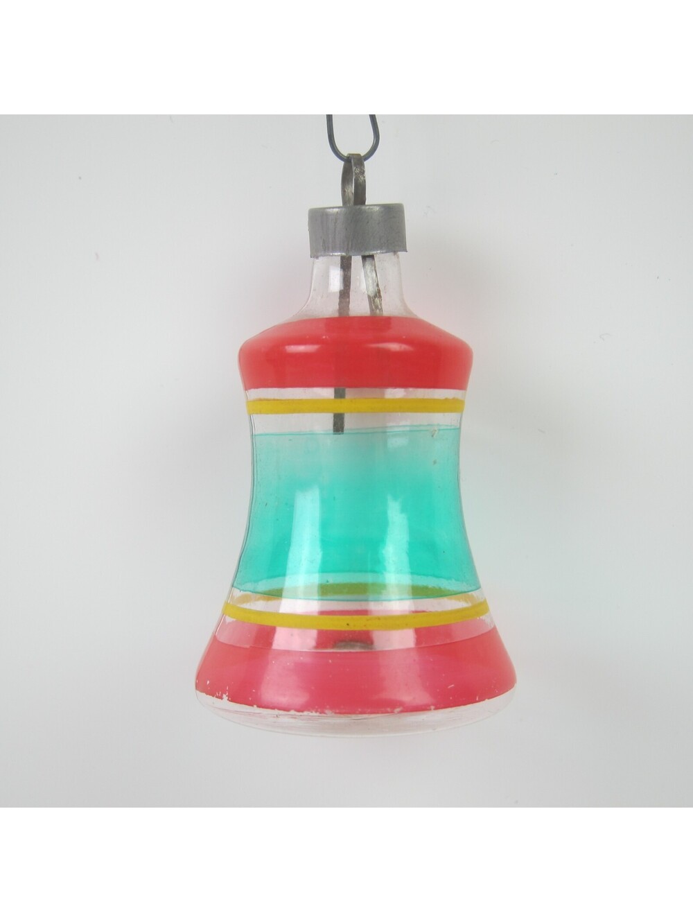 Vintage WW2 Unsilvered Glass Christmas Ornament Bell Red Green Yellow Stripes
